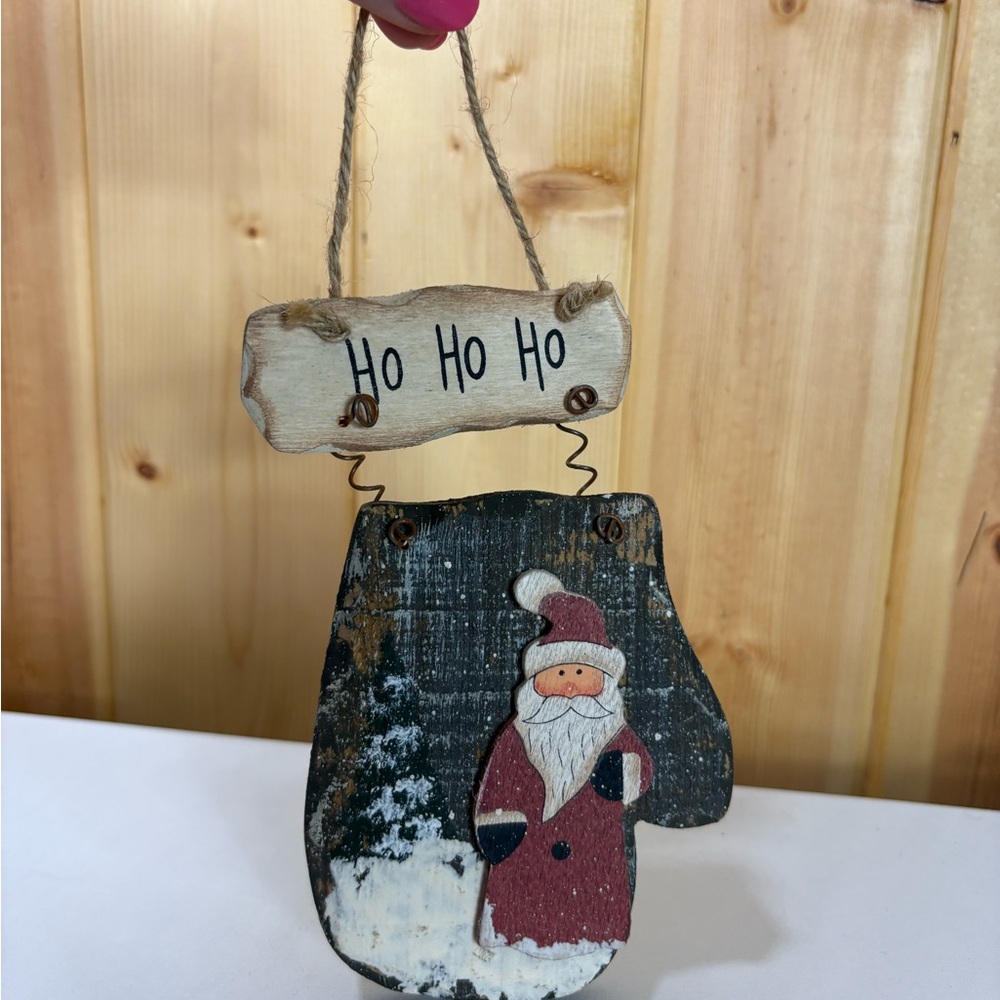 Wood Mitt Folk Art Hanging Santa Decor  “Let It Snow" Primitive Rustic Christmas